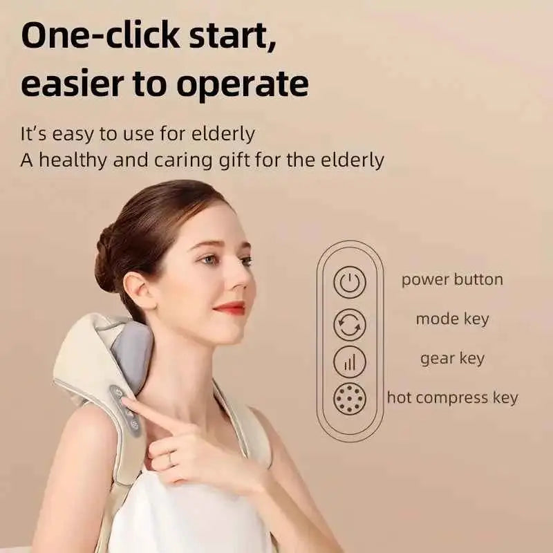 Woman using SnapKart best massager for neck and shoulders with one-click start and easy operation