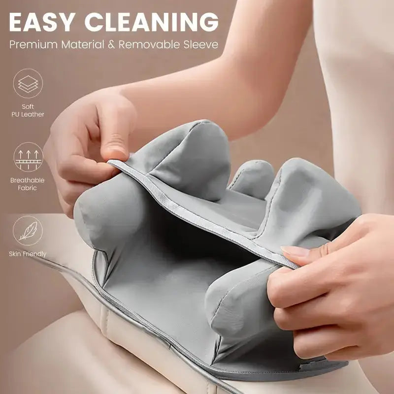 Hands removing sleeve from best massager for neck and shoulders showing easy cleaning with soft PU leather and breathable fabric